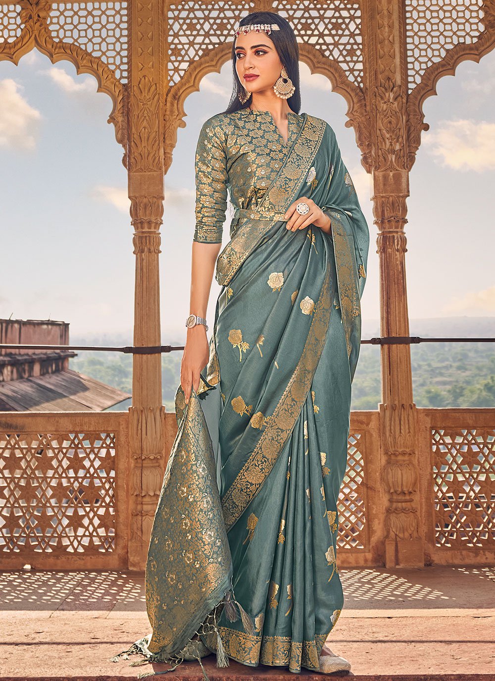 Trendy Saree Satin Silk Viscose Grey Weaving Saree