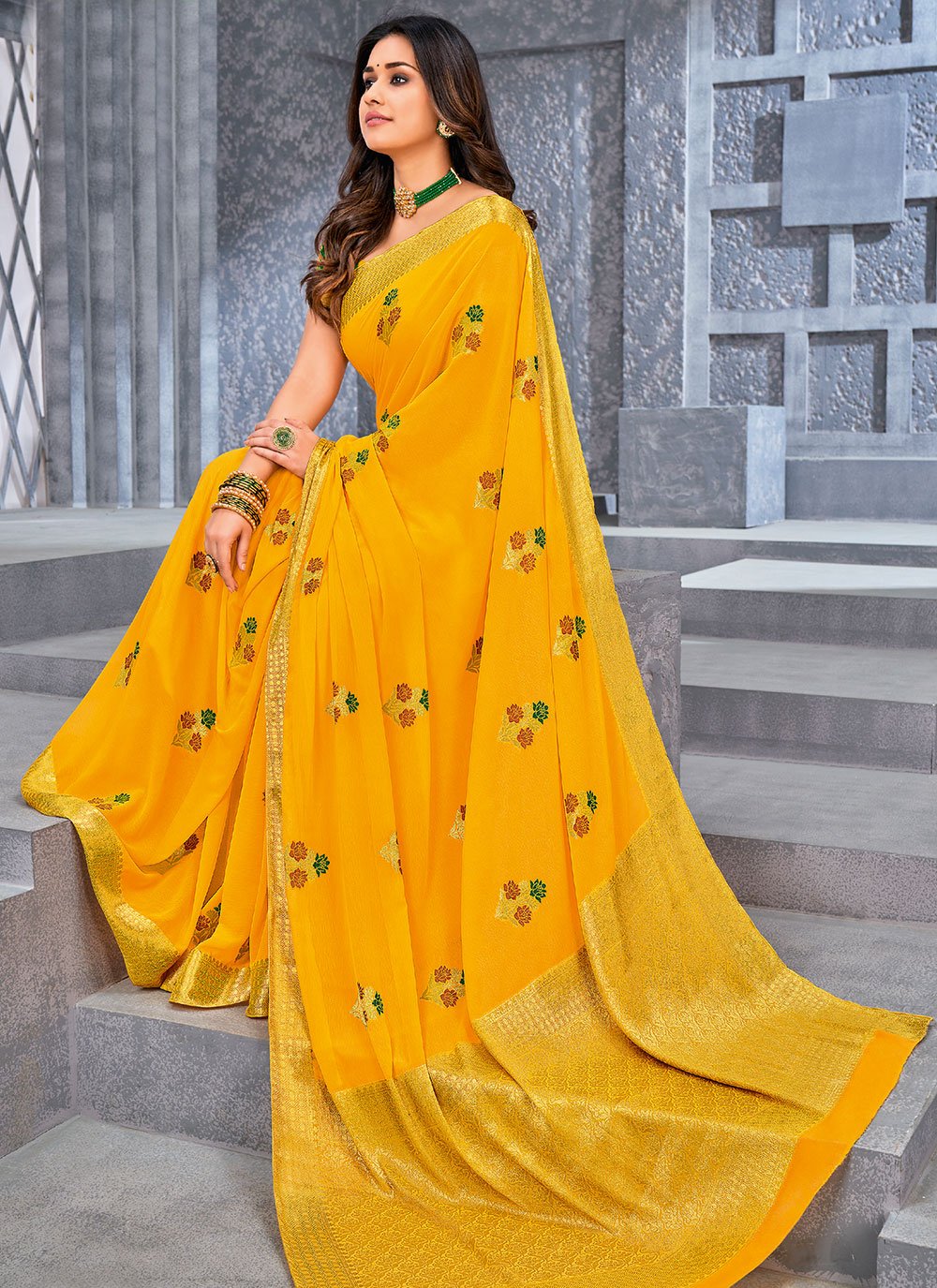 Classic Chiffon Viscose Yellow Weaving Saree