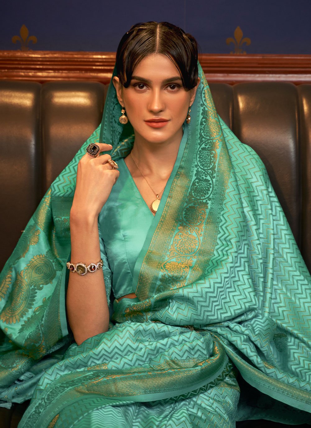 Classic Satin Silk Turquoise Weaving Saree