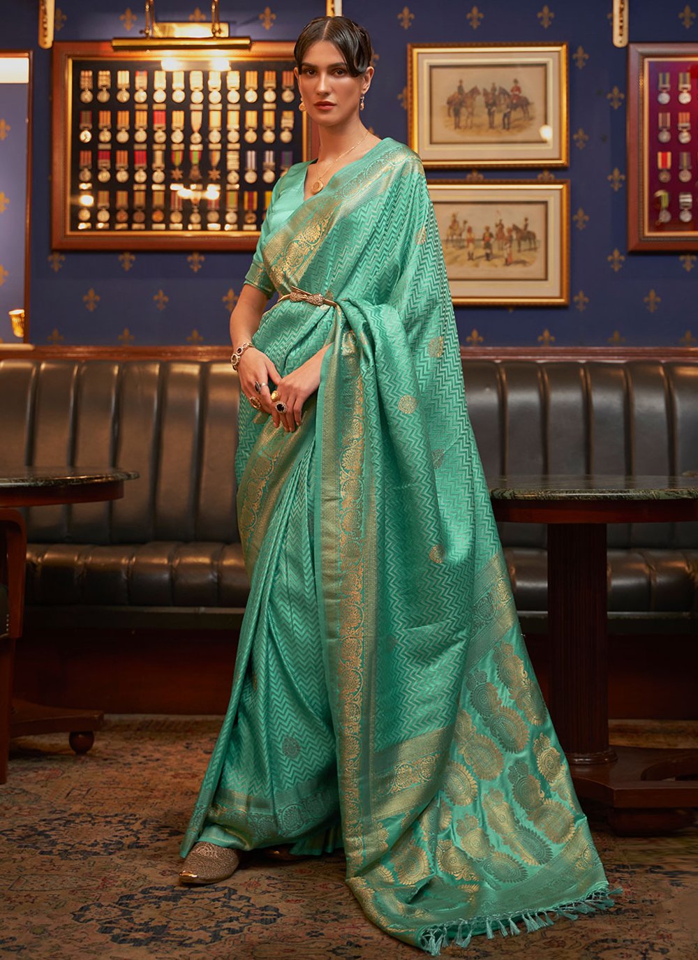 Classic Satin Silk Turquoise Weaving Saree