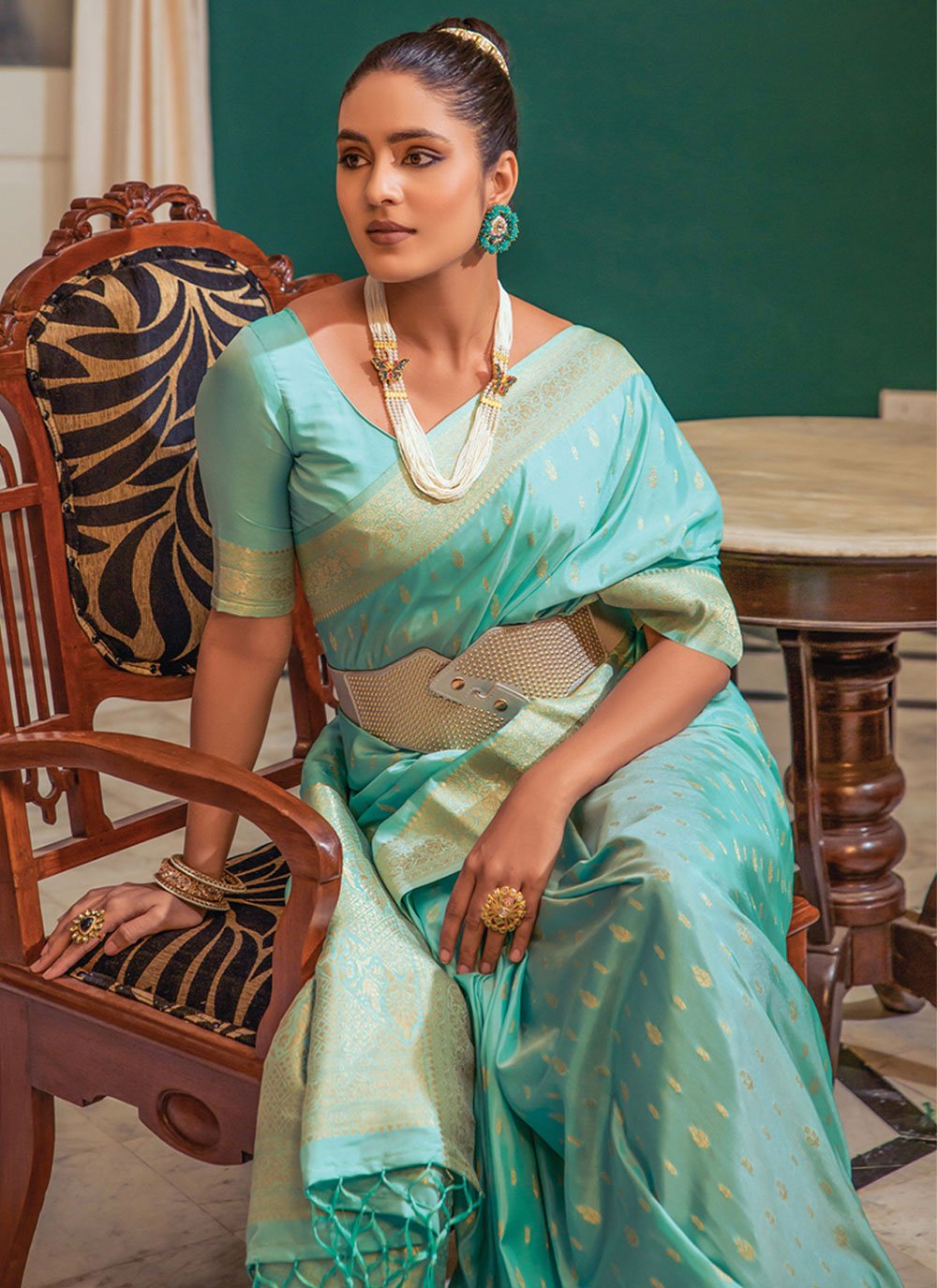 Contemporary Silk Aqua Blue Weaving Saree