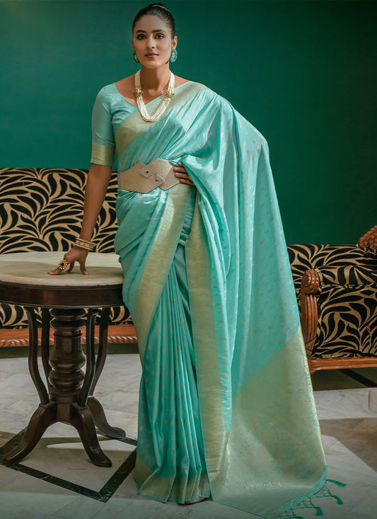 Contemporary Silk Aqua Blue Weaving Saree