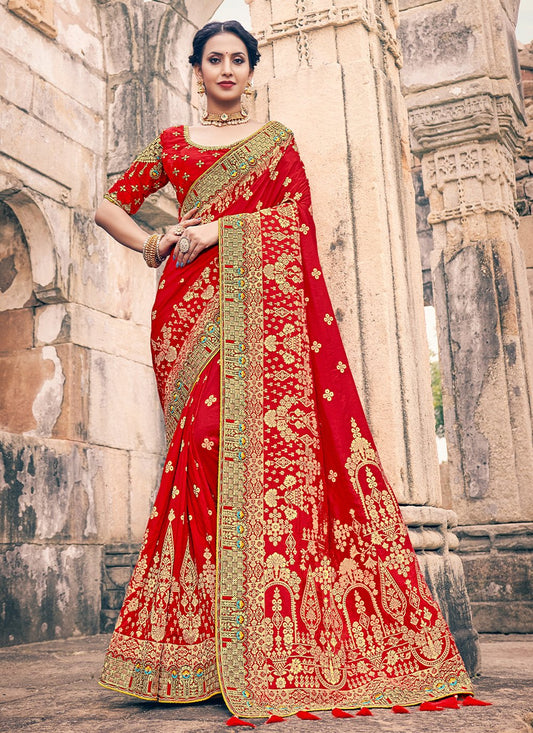 Classic Silk Red Embroidered Saree