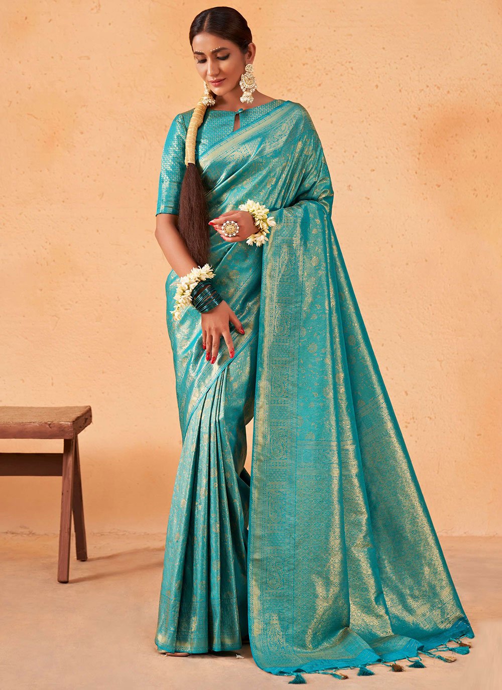 Trendy Saree Kanjivaram Silk Turquoise Weaving Saree