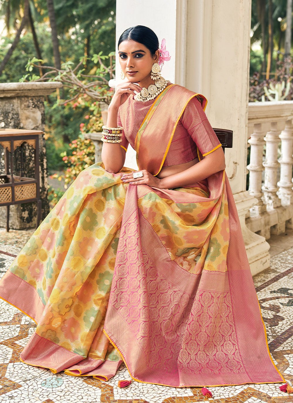 Contemporary Organza Yellow Weaving Saree