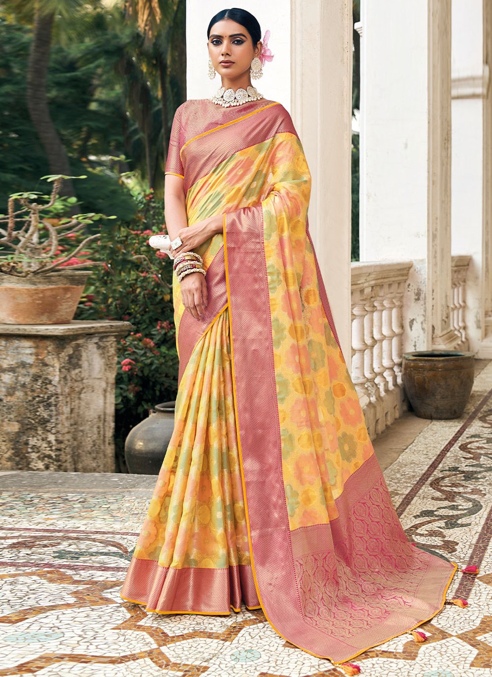 Contemporary Organza Yellow Weaving Saree