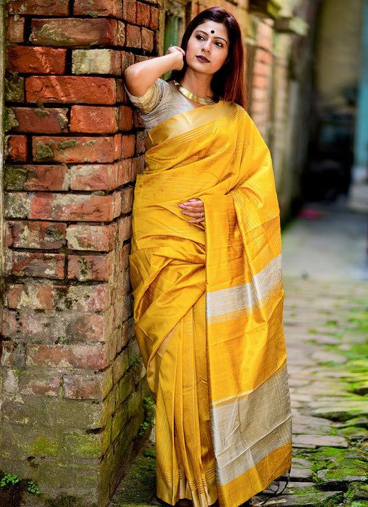 Classic Raw Silk Yellow Weaving Saree