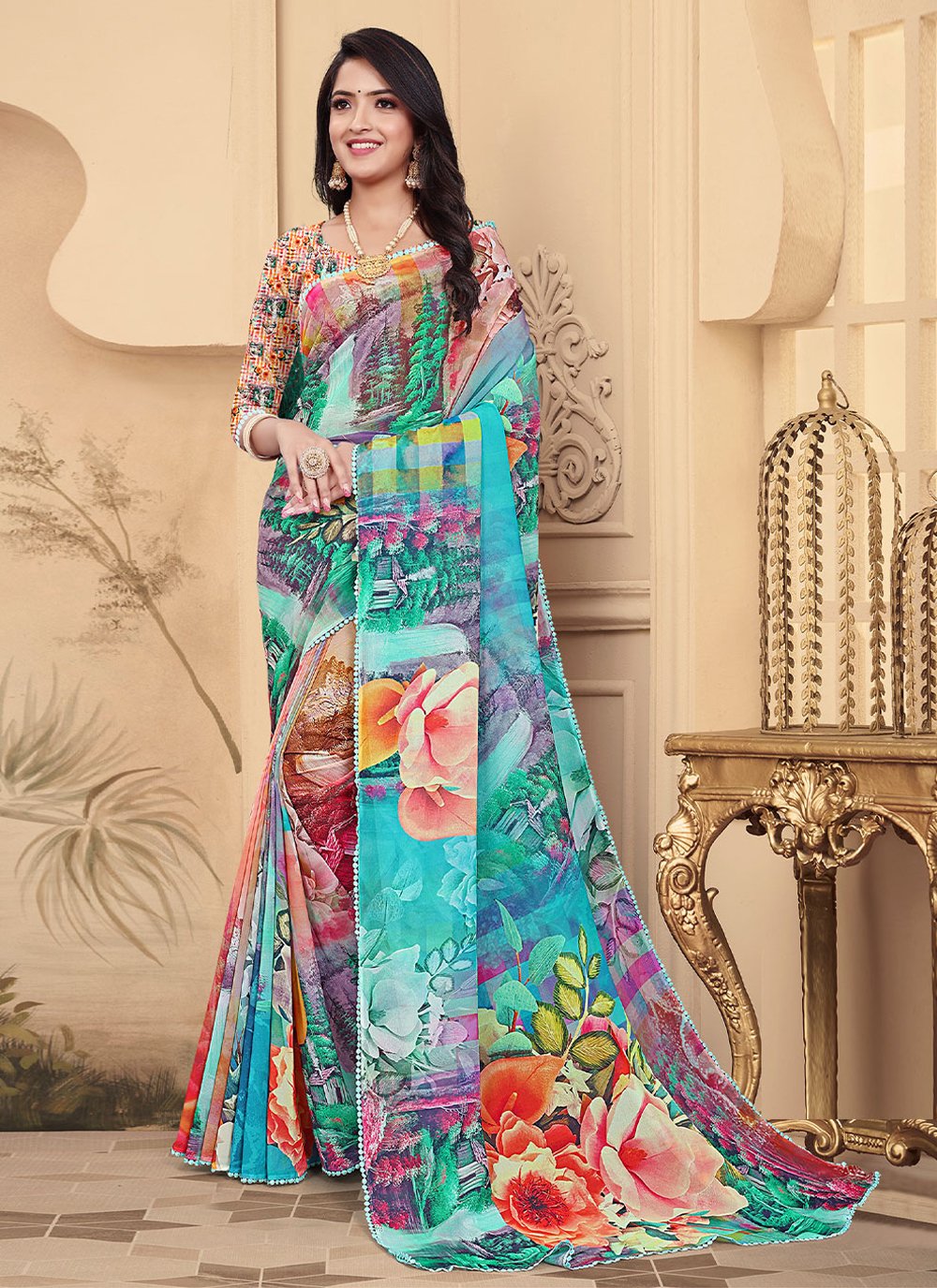 Casual Weight Less Aqua Blue Digital Print Saree