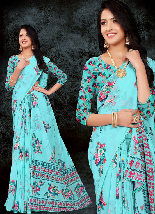 Casual Weight Less Aqua Blue Floral Patch Saree