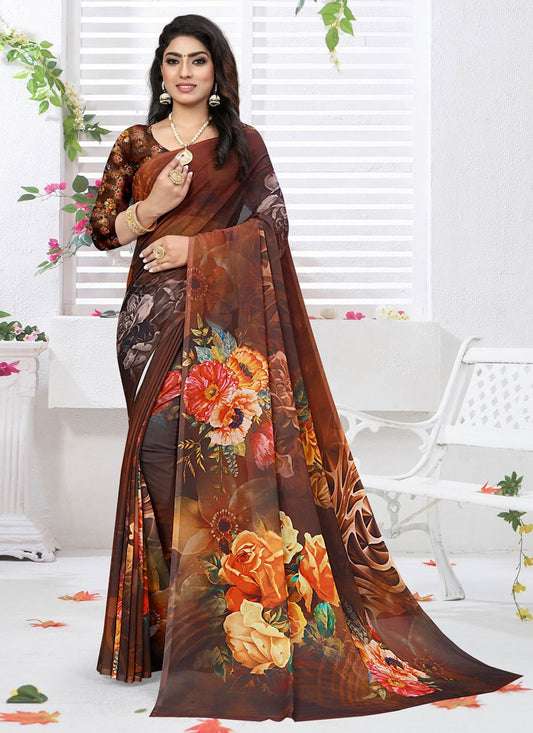 Classic Weight Less Brown Digital Print Saree