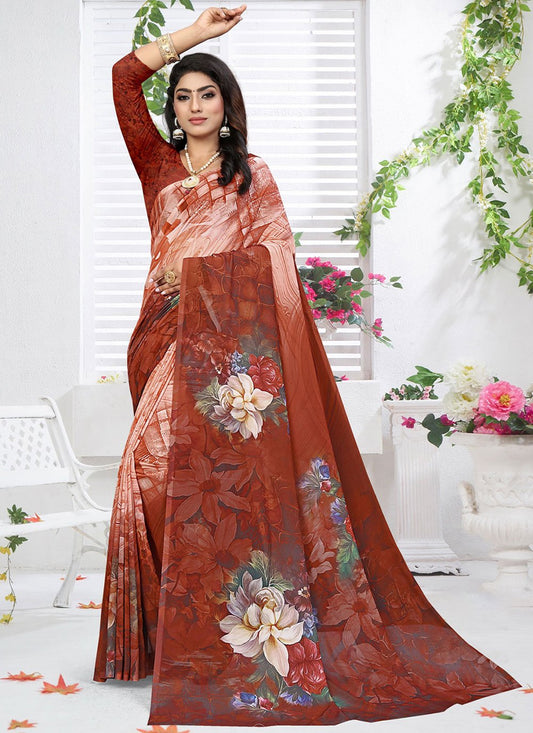 Classic Weight Less Brown Digital Print Saree