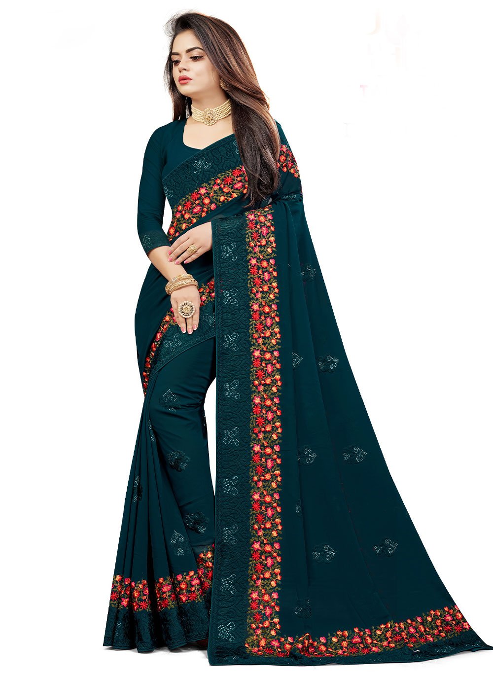 Classic Weight Less Teal Embroidered Saree