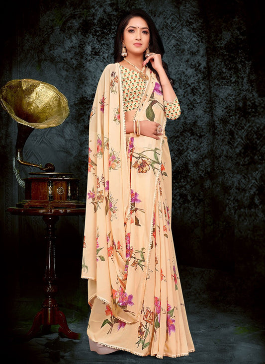 Contemporary Weight Less Peach Floral Patch Saree