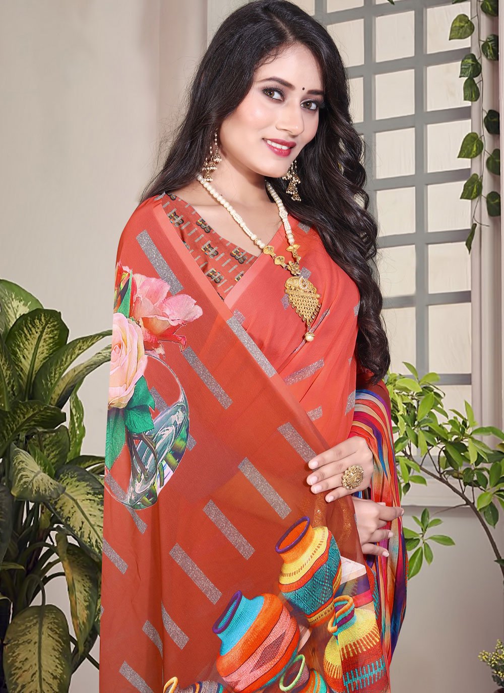 Contemporary Weight Less Peach Digital Print Saree