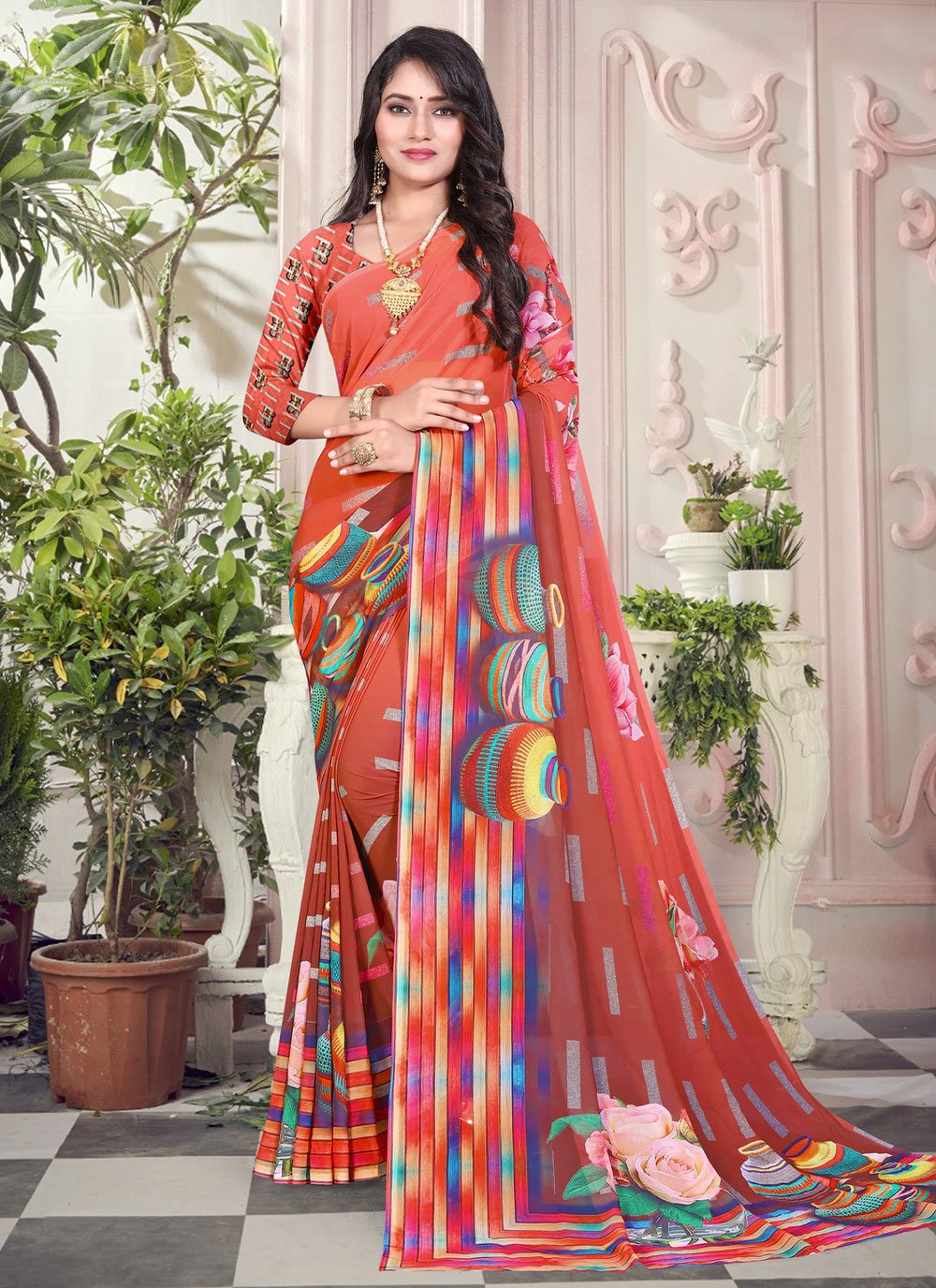 Contemporary Weight Less Peach Digital Print Saree