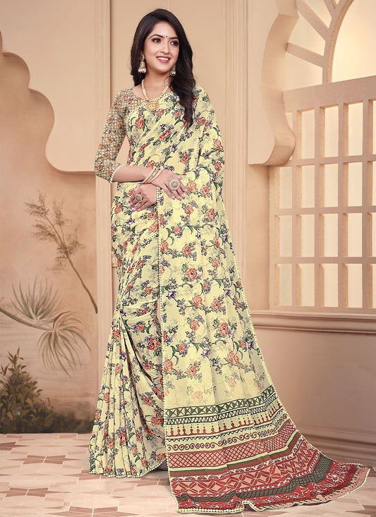 Designer Weight Less Cream Digital Print Saree