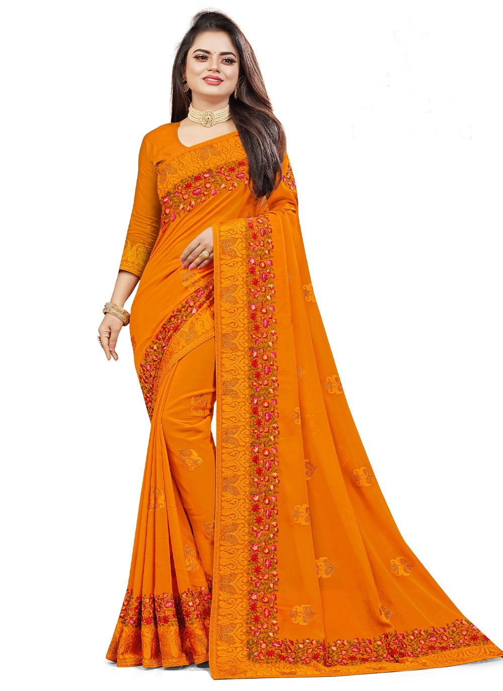 Contemporary Weight Less Mustard Embroidered Saree