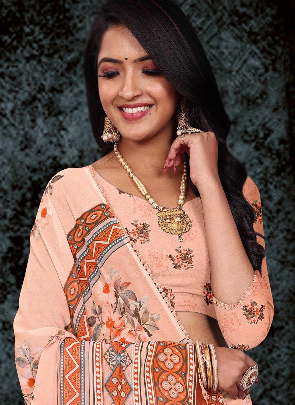 Trendy Saree Weight Less Peach Floral Patch Saree