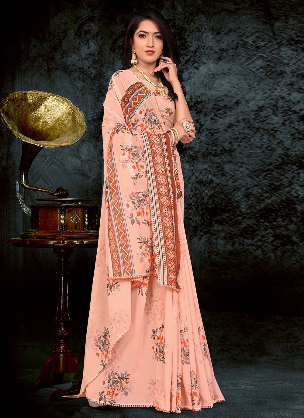 Trendy Saree Weight Less Peach Floral Patch Saree