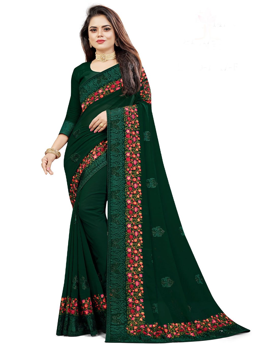 Classic Weight Less Green Embroidered Saree