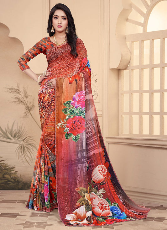 Designer Weight Less Orange Digital Print Saree