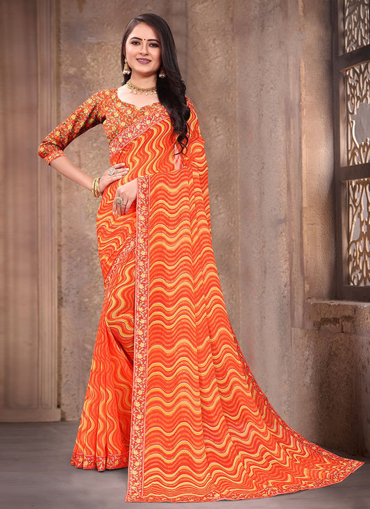 Contemporary Weight Less Orange Digital Print Saree