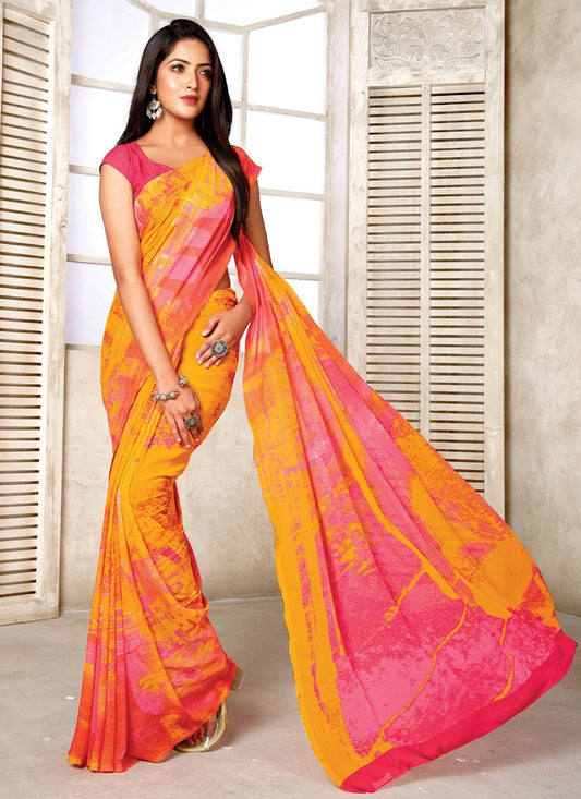 Contemporary Weight Less Yellow Print Saree