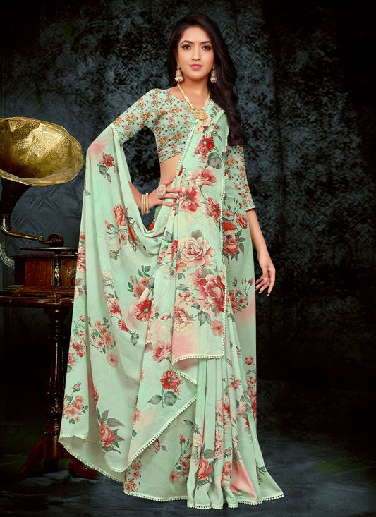 Trendy Saree Weight Less Green Floral Patch Saree