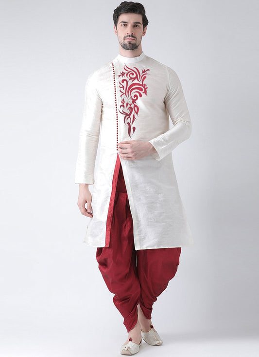 Angrakha Art Dupion Silk White Embroidered Mens