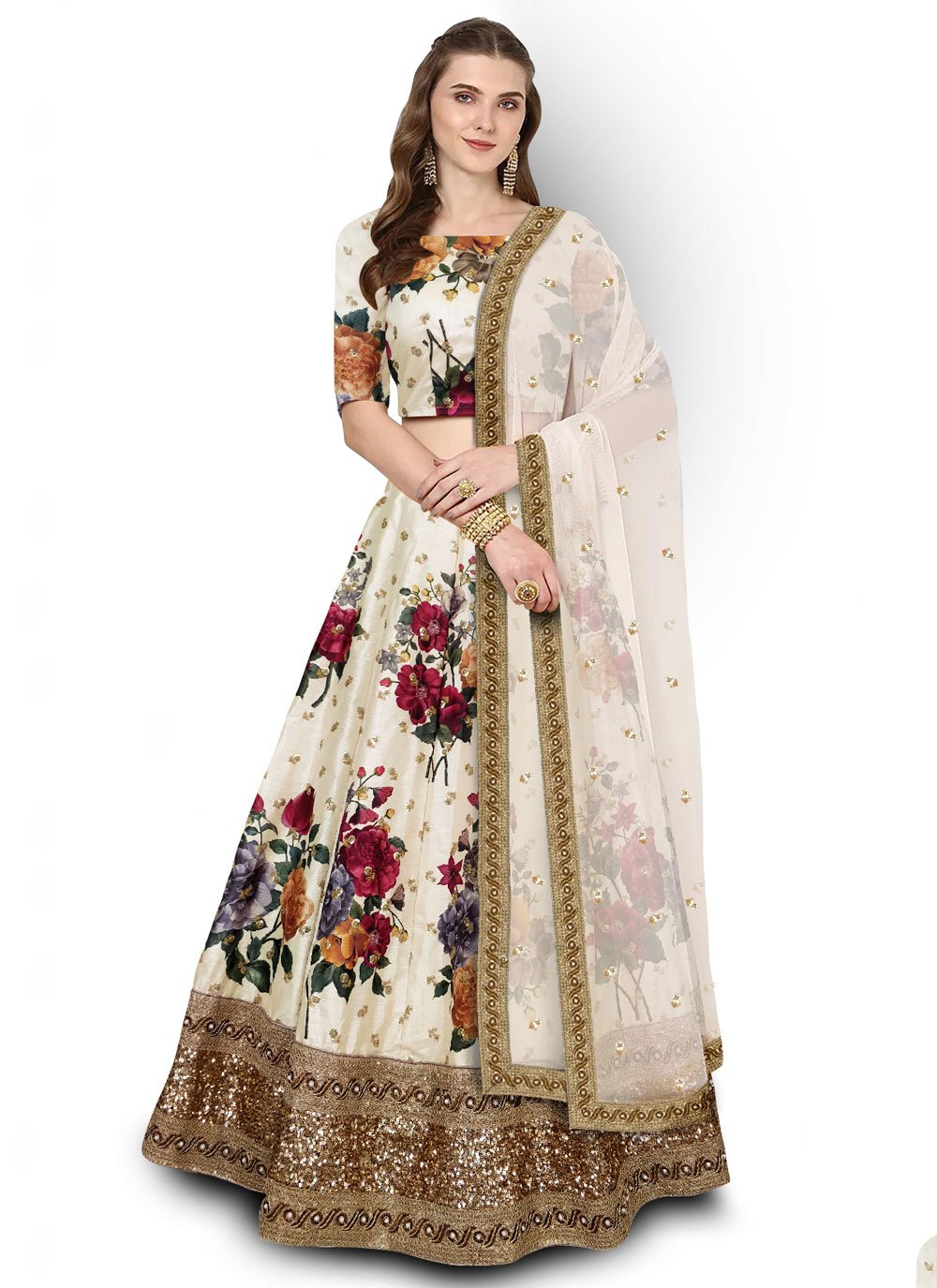 A Line Lehenga Art Silk White Digital Print Lehenga Choli