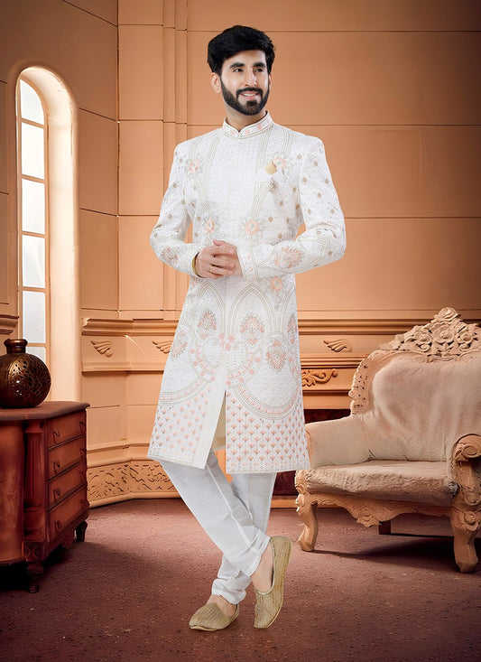 Indo Western Sherwani Silk White Embroidered Mens