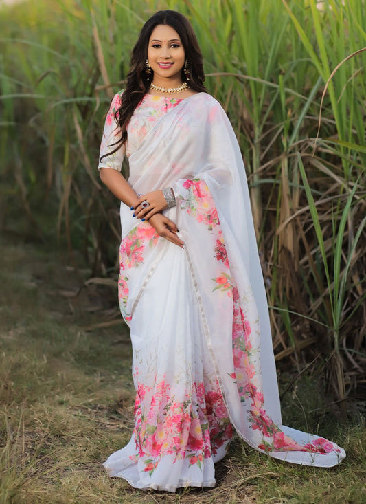 Contemporary Chanderi Silk White Digital Print Saree