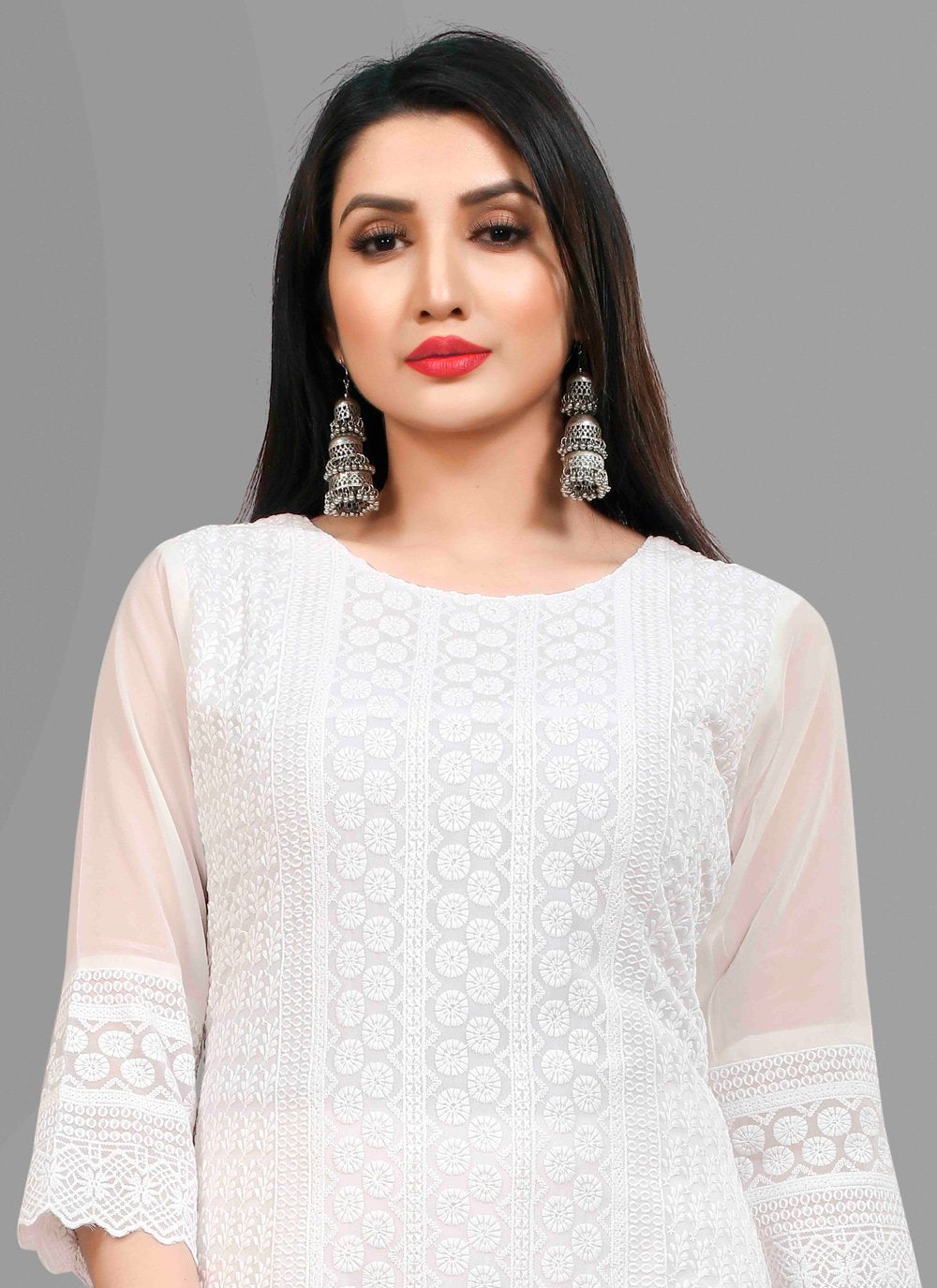 Designer Kurti Chiffon Georgette White Embroidered Kurtis