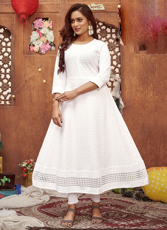 Gown Rayon White Chikankari Work Gown