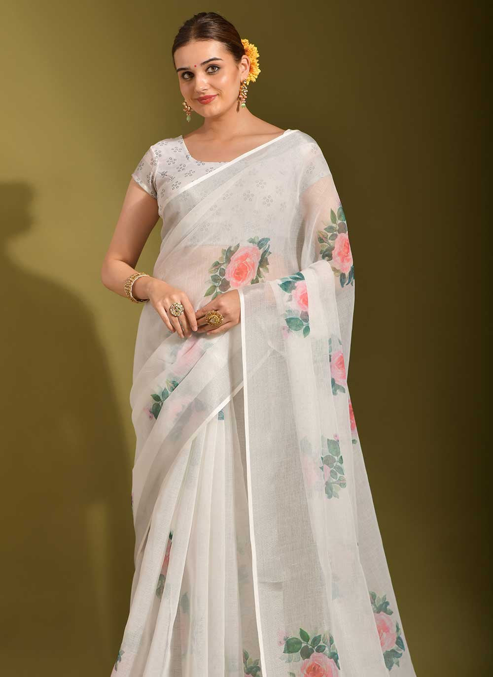 Classic Linen White Print Saree