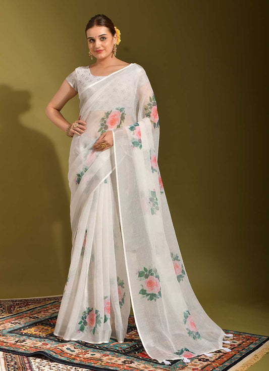 Classic Linen White Print Saree