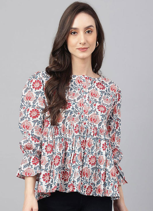 Casual Kurti Cotton White Floral Patch Kurtis