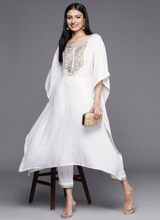 Designer Kurti Pashnima Silk White Embroidered Kurtis