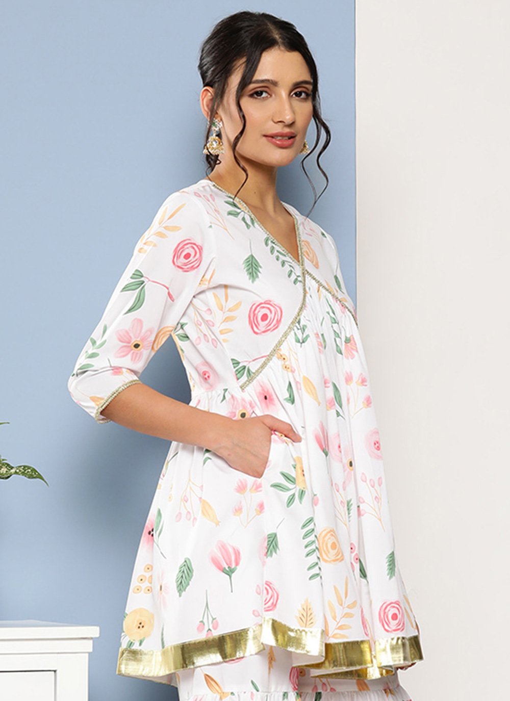 Designer Kurti Crepe Silk White Print Kurtis