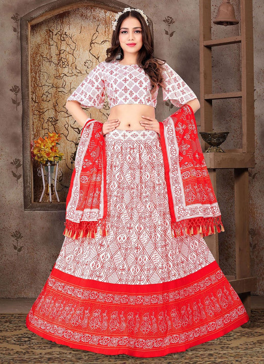 Lehenga Choli Satin Silk White Print Lehenga Choli