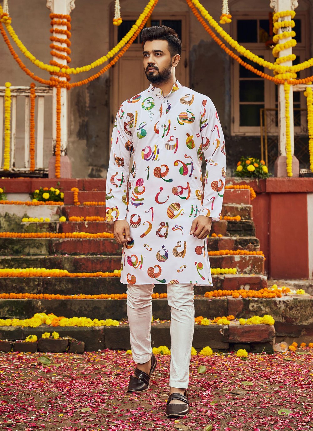 Kurta Pyjama Art Silk White Embroidered Mens