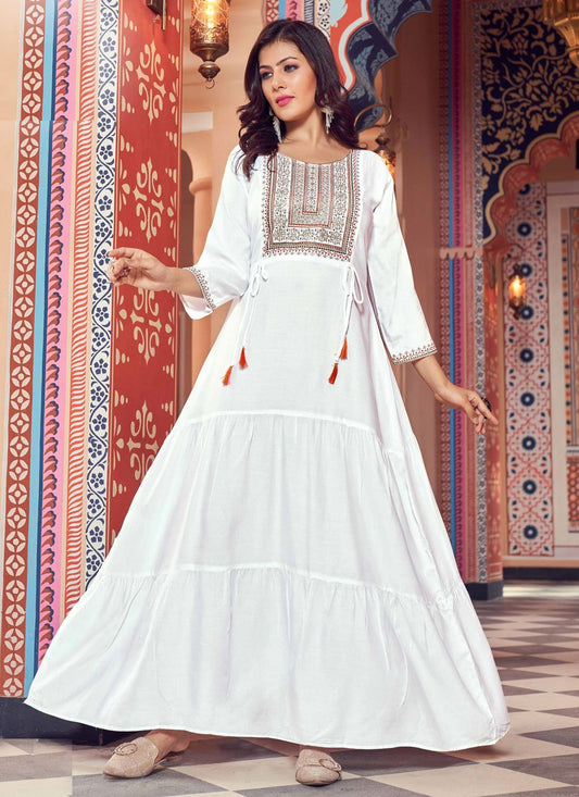 Party Wear Kurti Rayon White Embroidered Kurtis