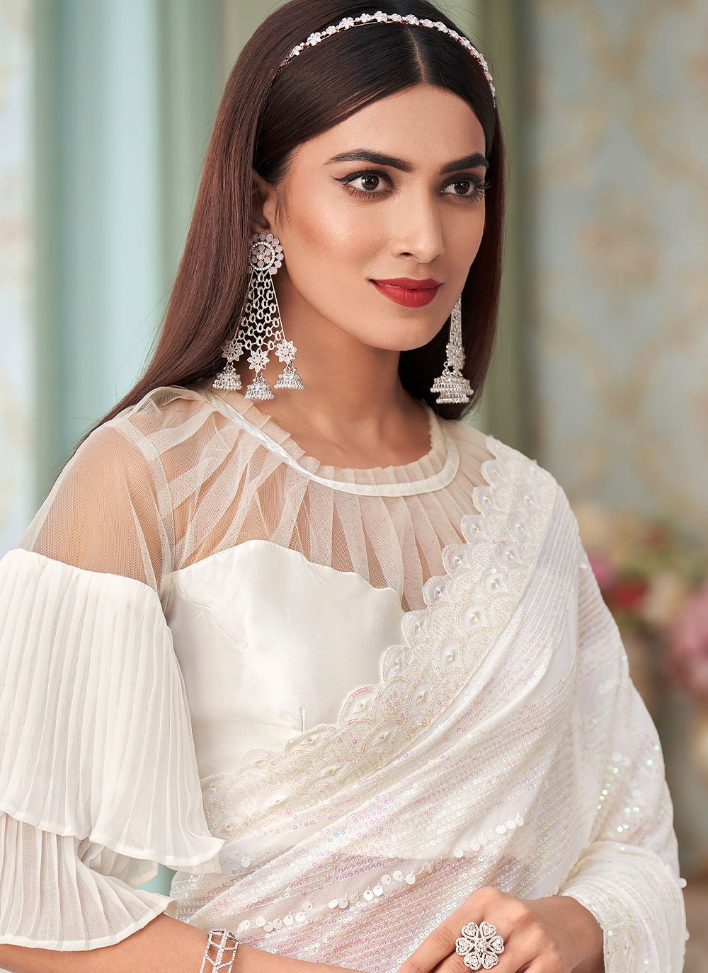 Contemporary Georgette White Sequins Saree