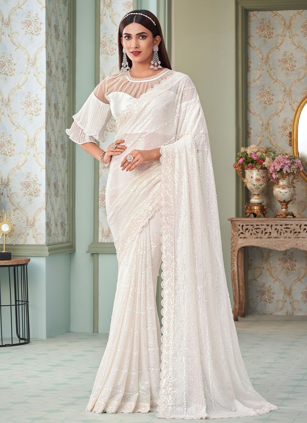 Contemporary Georgette White Sequins Saree