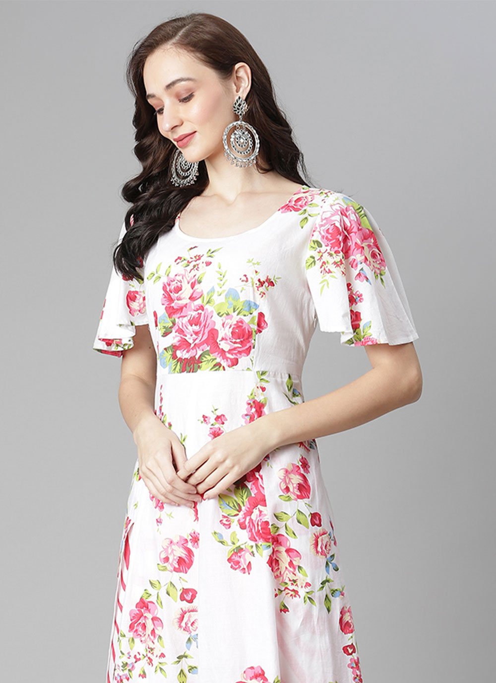 Party Wear Kurti Cotton White Print Kurtis