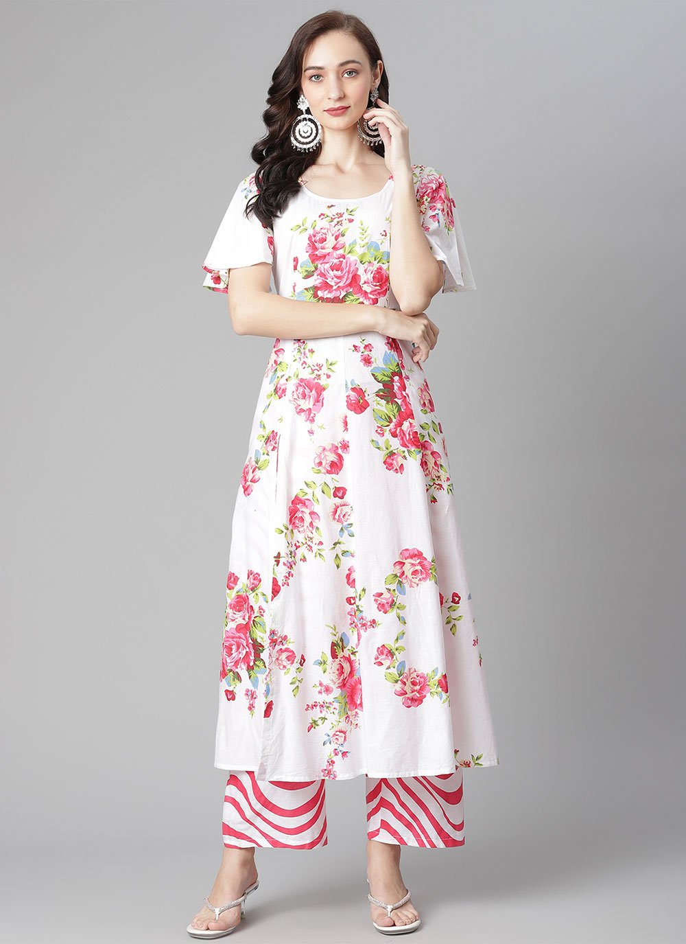 Party Wear Kurti Cotton White Print Kurtis