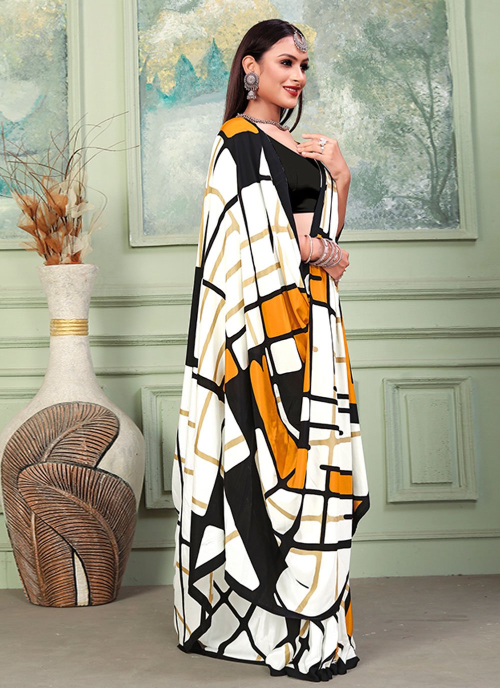 Designer Crepe Silk White Print Saree