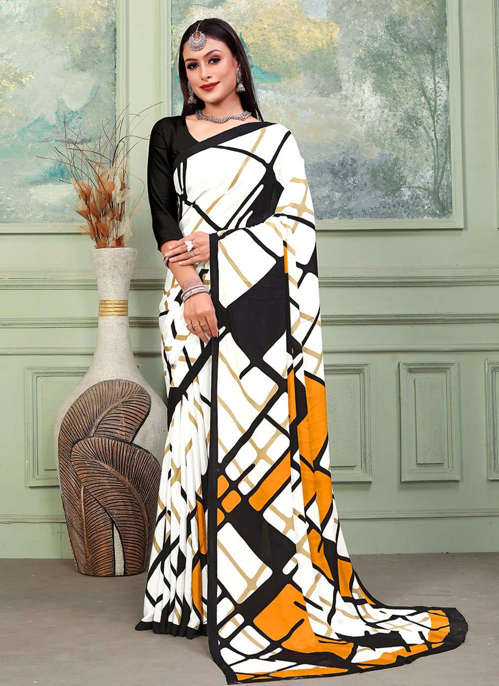 Designer Crepe Silk White Print Saree