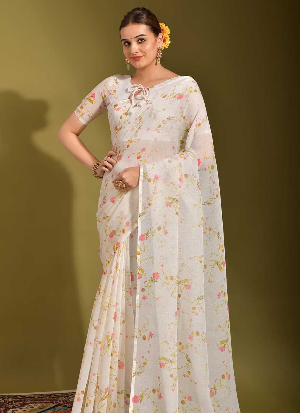 Designer Linen White Print Saree