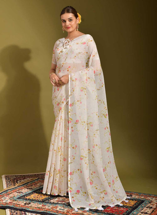 Designer Linen White Print Saree